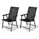 Set of 2 black outdoor patio folding chairs with ergonomic armrests and durable metal frame for indoor and outdoor use.